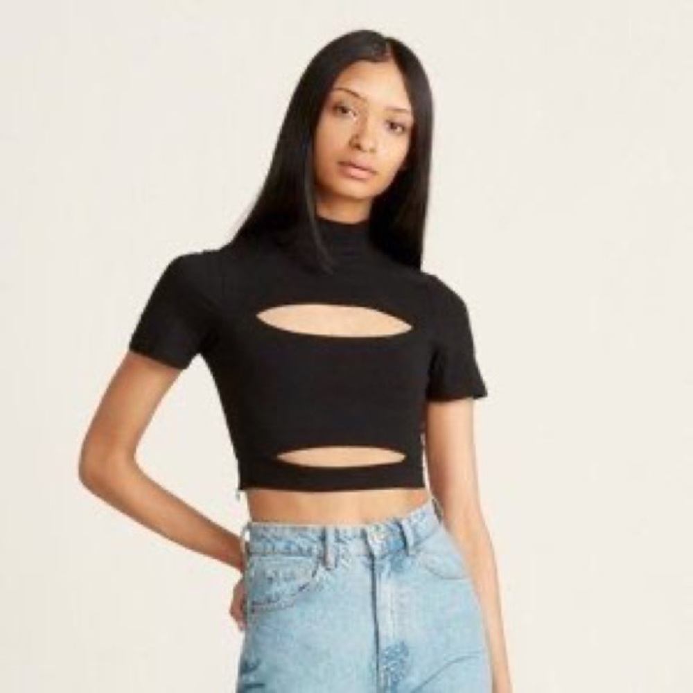 Tiger Mist Black Becca Cutout Mock Neck Crop Top - Size Small